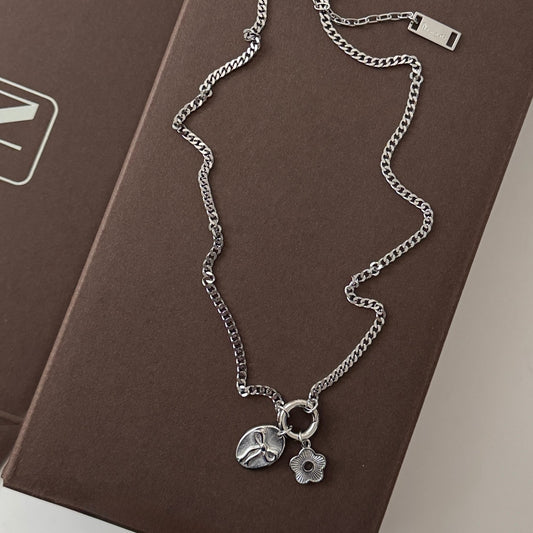 Bow and Flower Necklace - Silver - Namaste Jewelry Canada