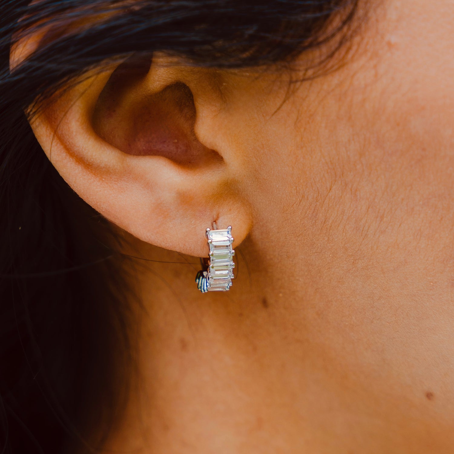 Liya Rectangle Stones Huggies - Silver - Namaste Jewelry Canada